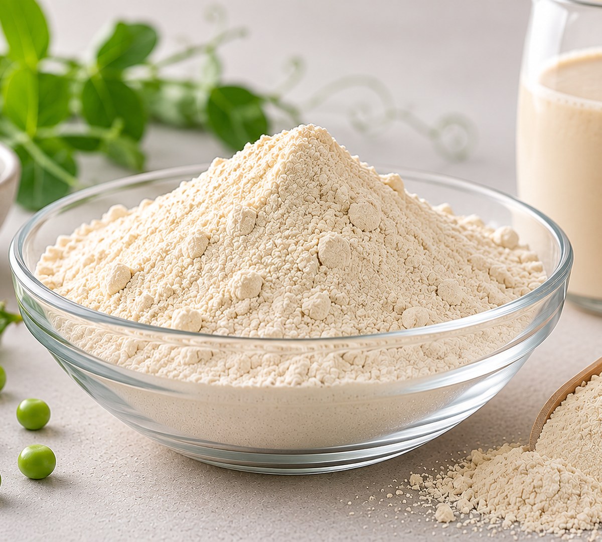 Pea Protein powder in a glass bowl with fresh peas, close-up macro shot