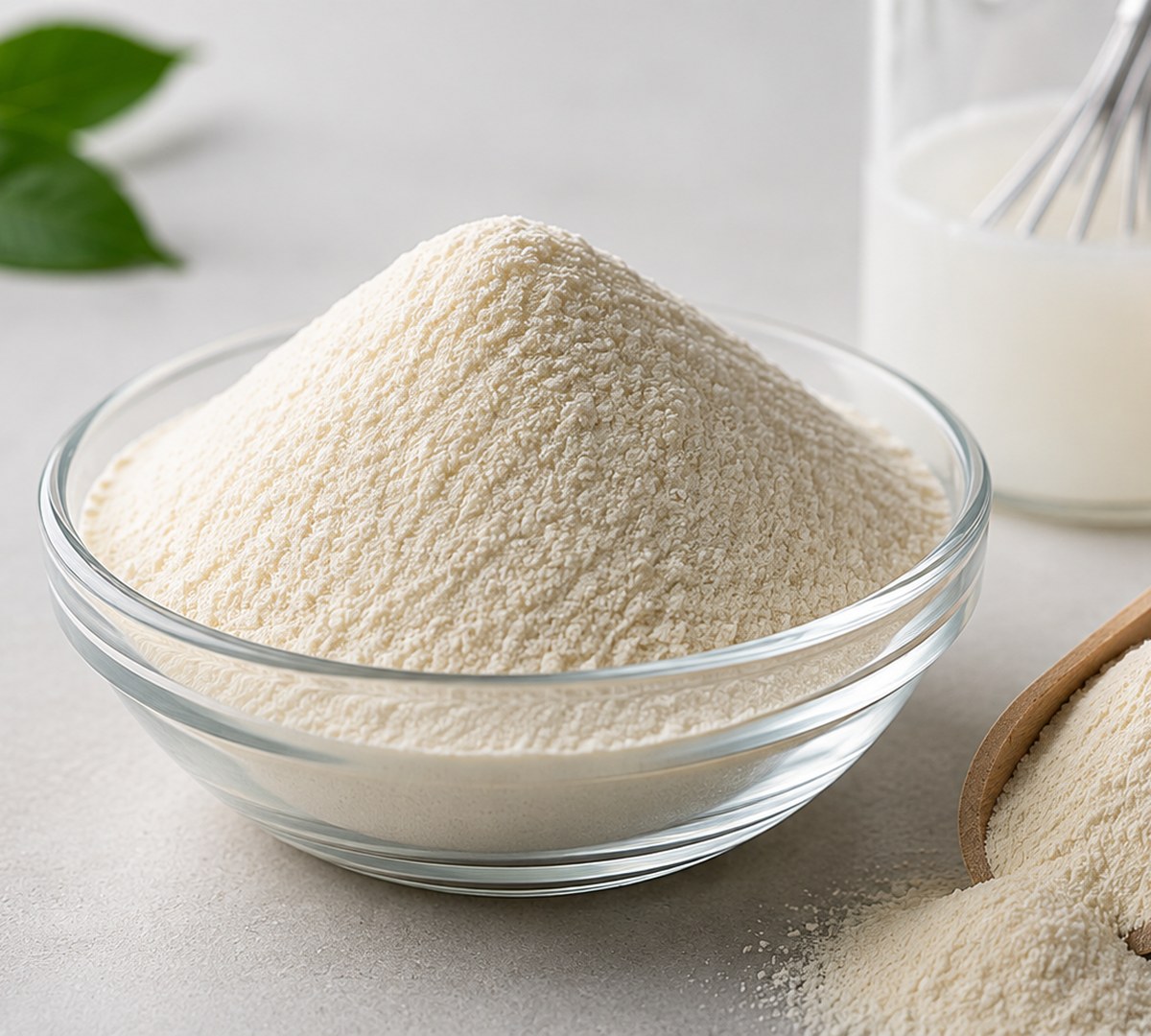 Xanthan Gum powder in a glass bowl, close-up macro shot